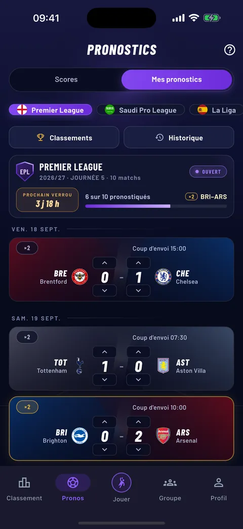 Pronostics au score exact pour une journée de Premier League dans UPVOR